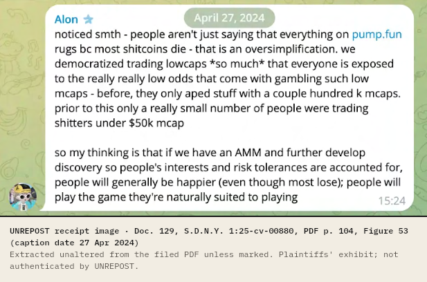 Telegram-style chat bubble labelled Alon, dated April 27, 2024, timestamp 15:24. It says most low-cap tokens die, that trading lowcaps was democratized so that everyone is exposed to really low odds, and ends: people will generally be happier (even though most lose).