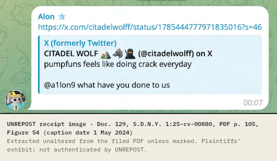 Chat bubble labelled Alon containing a link to an X post by a third-party user, previewed as: pumpfuns feels like doing crack everyday, @a1lon9 what have you done to us. Timestamp 00:07.