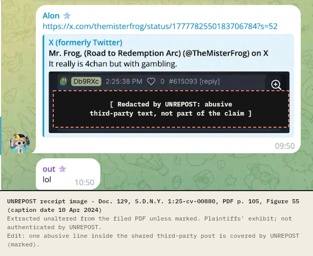 Chat bubble labelled Alon sharing an X post by Mr. Frog that reads: It really is 4chan but with gambling. Inside it is an embedded imageboard reply whose text UNREPOST has covered with a labelled redaction box. Below, a participant labelled out replies: lol.