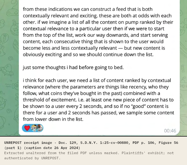 Long chat message, sender label not visible, describing a feed ranked by contextual relevance with a threshold of excitement, so that at least one new piece of content is shown to a user every 2 seconds. Timestamp 00:46.
