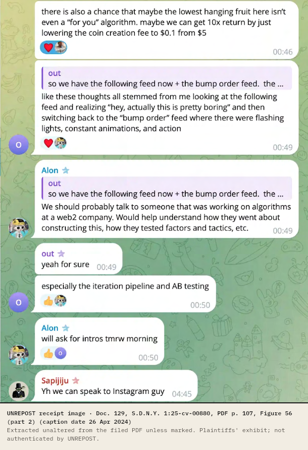 Continuation of the chat. A message from out mentions the bump order feed with flashing lights, constant animations, and action. Alon replies that they should talk to someone who worked on algorithms at a web2 company. Sapijiju writes: Yh we can speak to Instagram guy.