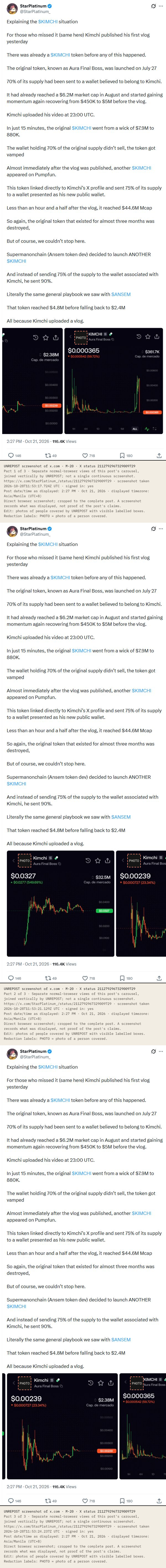 X post by StarPlatinum, 21 Oct 2026 (UTC+8): Explaining the $KIMCHI situation. For those who missed it, Kimchi published his first vlog yesterday. There was already a $KIMCHI token before any of this happened. The original token, known as Aura Final Boss, was launched on July 27. Attached: charts of the Kimchi Aura Final Boss token and another KIMCHI token. Date/time as displayed: 2:27 PM · Oct 21, 2026 (UTC+8).