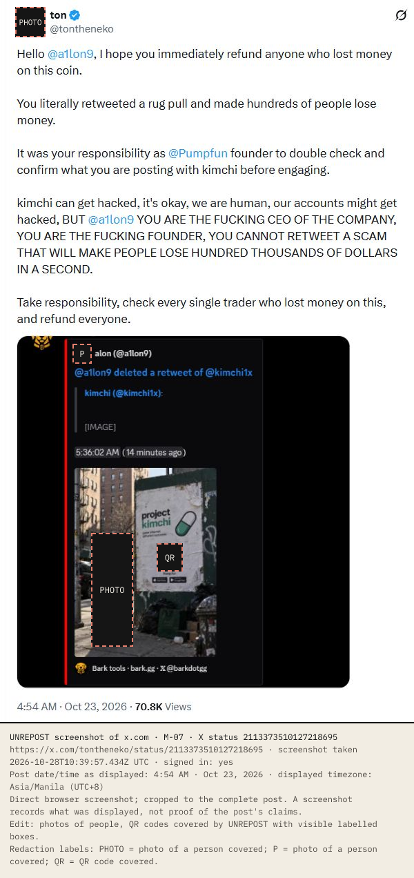 X post by ton @tontheneko asking @a1lon9 to refund people who lost money on the coin he reposted. The post contains strong language and the author's rug-pull allegation. Its attached street-poster image reads project kimchi beside a green pill graphic. Photographs of people and its QR code are covered with labelled boxes. Date/time as displayed: 4:54 AM · Oct 23, 2026 (UTC+8).