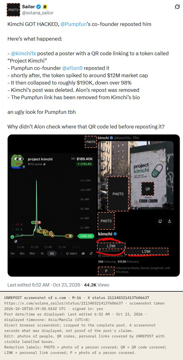 X post by Sailor (@solana_sailor), 23 Oct 2026 (UTC+8, edited): Kimchi GOT HACKED, Pumpfun's co-founder reposted him. Here's what happened: @kimchi1x posted a poster with a QR code linking to a token called Project Kimchi; Pumpfun co-founder @a1lon9 reposted it; shortly after, the token spiked to around $12M market cap. Attached: a project kimchi market-cap chart peaking near $12M, a screenshot of Kimchi's post 17 minutes old showing the poster with its QR code covered, and his profile, with profile photos and a personal link covered. Date/time as displayed: Last edited 6:52 AM · Oct 23, 2026 (UTC+8).