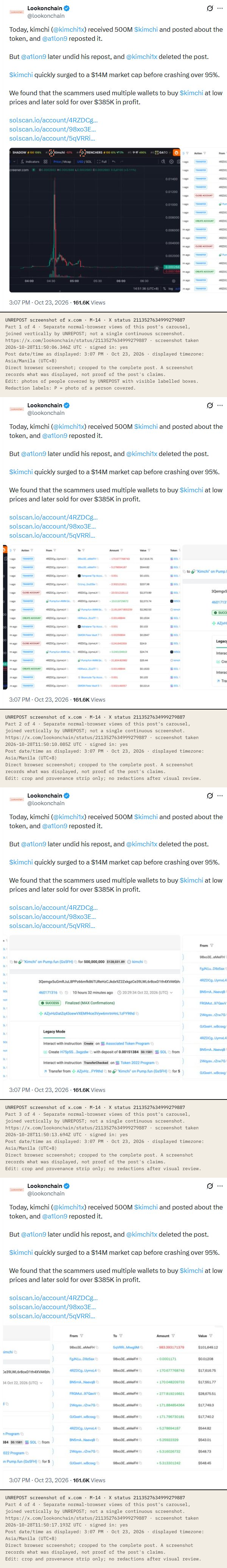 X post by Lookonchain, 23 Oct 2026: Today, kimchi (@kimchi1x) received 500M $kimchi and posted about the token, and @a1lon9 reposted it. But @a1lon9 later undid his repost, and @kimchi1x deleted the post. $kimchi quickly surged to a $14M market cap before crashing over 95%. Attached: a price chart and token-transfer tables. Date/time as displayed: 3:07 PM · Oct 23, 2026 (UTC+8).