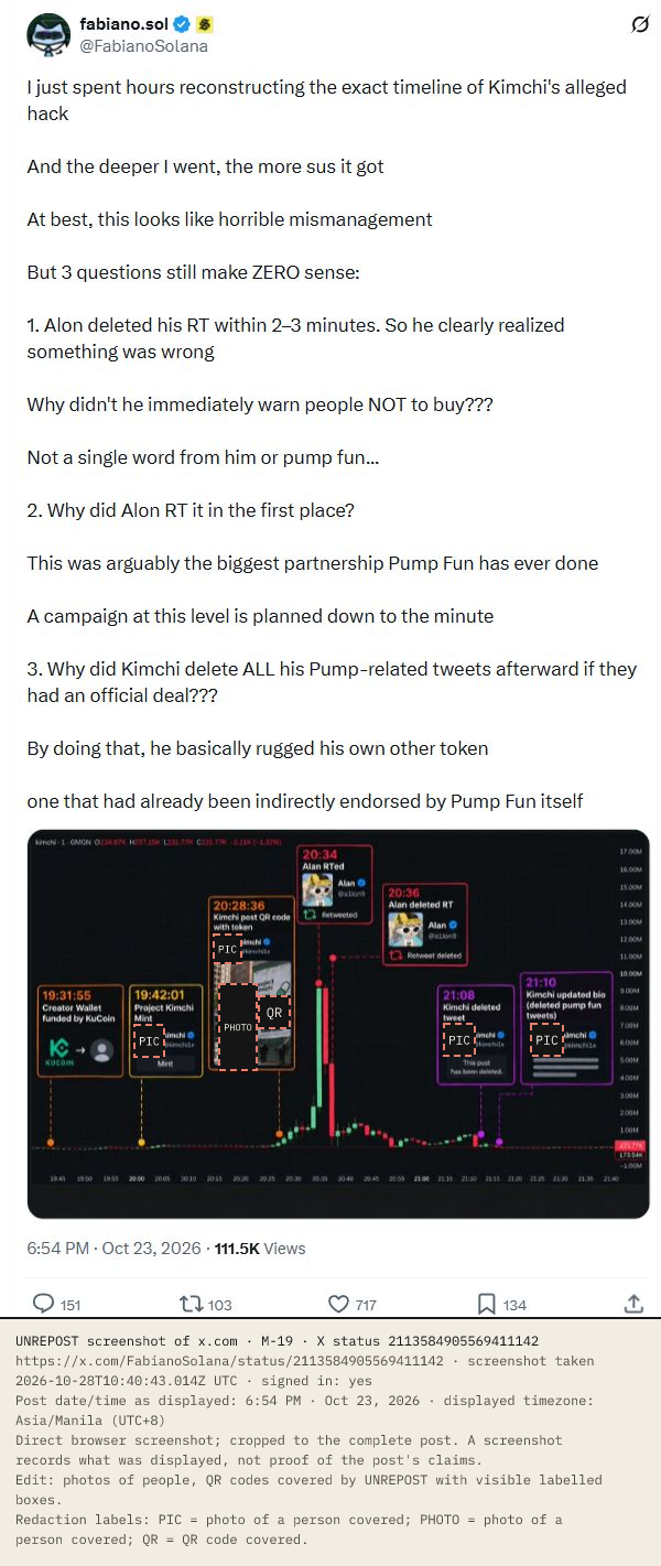 X post by fabiano.sol, 23 Oct 2026 (UTC+8): I just spent hours reconstructing the exact timeline of Kimchi's alleged hack. At best, this looks like horrible mismanagement. But 3 questions still make zero sense: 1. Alon deleted his RT within 2–3 minutes. Attached: a price chart annotated with times: 19:31:55 creator wallet funded by KuCoin, 19:42:01 Project Kimchi mint, 20:28:36 Kimchi post QR code with token, 20:34 Alan RTed, 20:36 Alan deleted RT, 21:08 Kimchi deleted tweet, 21:10 Kimchi updated bio. Date/time as displayed: 6:54 PM · Oct 23, 2026 (UTC+8).