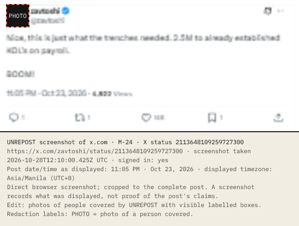 X reply by zavtoshi: Nice, this is just what the trenches needed. 2.5M to already established KOL's on payroll. BOOM! The target reply's author, complete text and date/time are shown. Date/time as displayed: 11:05 PM · Oct 23, 2026 (UTC+8).