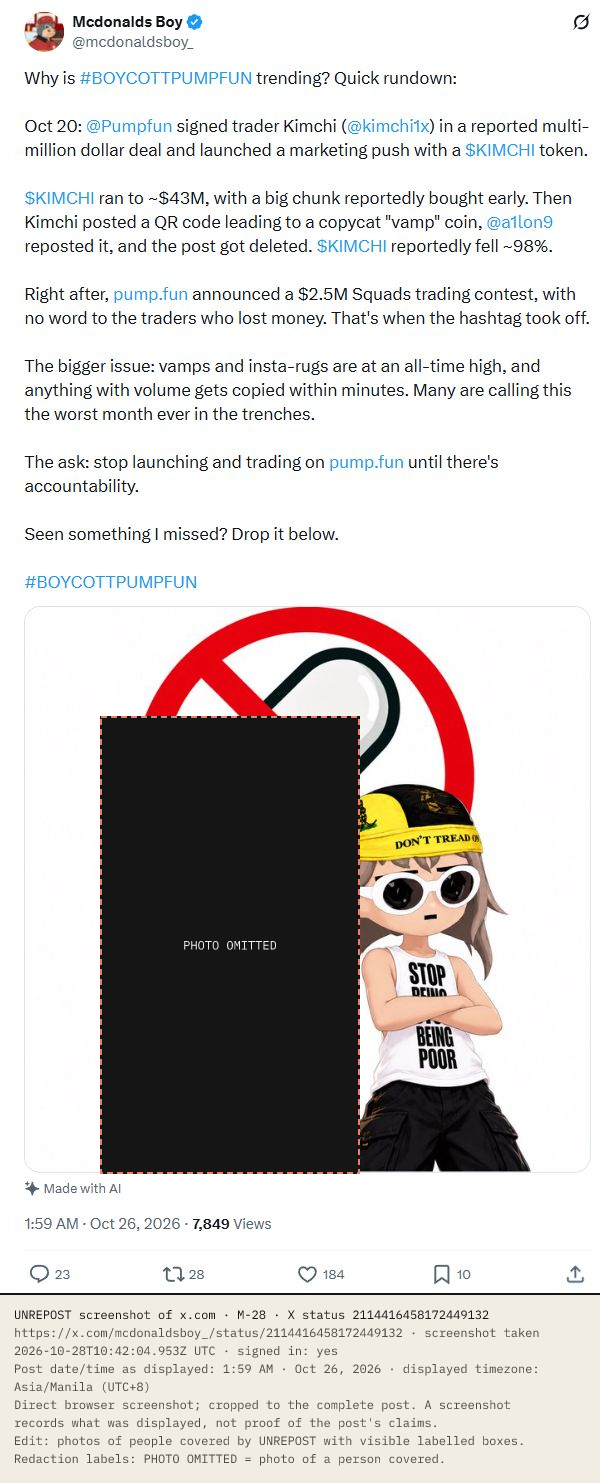 Mcdonalds Boy's expanded X post explains the boycott through the author's account of the Kimchi campaign, QR-code episode and subsequent trading competition, then calls for accountability and asks people to stop launching and trading on Pump.fun. The figures and causal claims belong to the author. An attached illustration combines a crossed-out pill and cartoon character; a photograph of a person is covered by a labelled box. Date/time as displayed: 1:59 AM · Oct 26, 2026 (UTC+8).