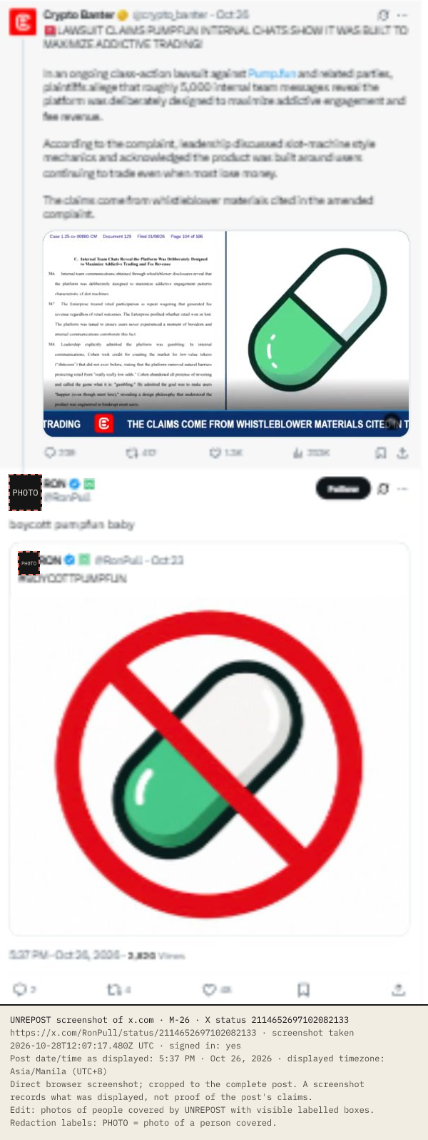 X thread view containing a Crypto Banter parent post about the lawsuit, followed by RON @RonPull's target reply, boycott pumpfun baby, and its native quote of his earlier #BOYCOTTPUMPFUN graphic. Portrait avatars are covered. The target post's date/time line is preserved. Date/time as displayed: 5:37 PM · Oct 26, 2026 (UTC+8).